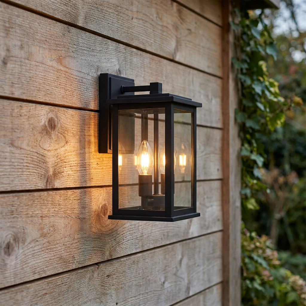 A black outdoor wall lantern with two glowing candle bulbs mounted on a light wood plank wall.