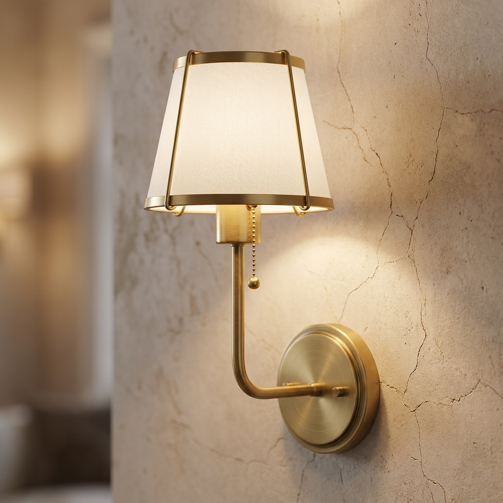 Brass wall light with a tapered ivory shade and pull switch, mounted on a rustic textured wall with a warm glow.