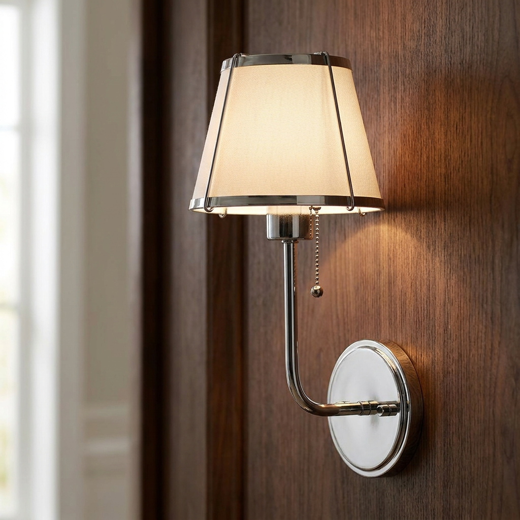 Polished nickel wall sconce with a white fabric shade and pull switch, mounted on a dark wood wall.