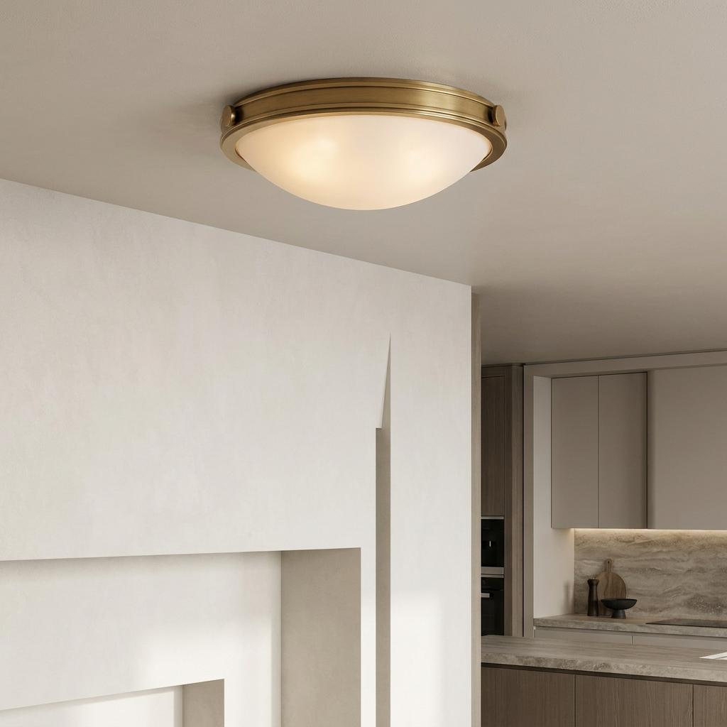 Hinkley Collier 3-light heritage brass flush mount ceiling light with white opal glass shade in a modern home.