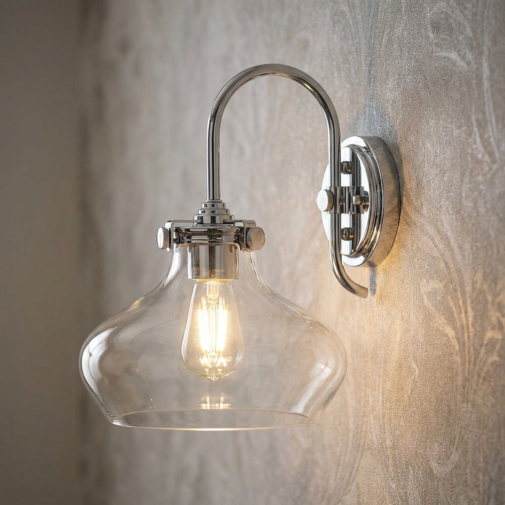 Chrome wall sconce with a clear bell glass shade and lit vintage bulb mounted on textured wallpaper.