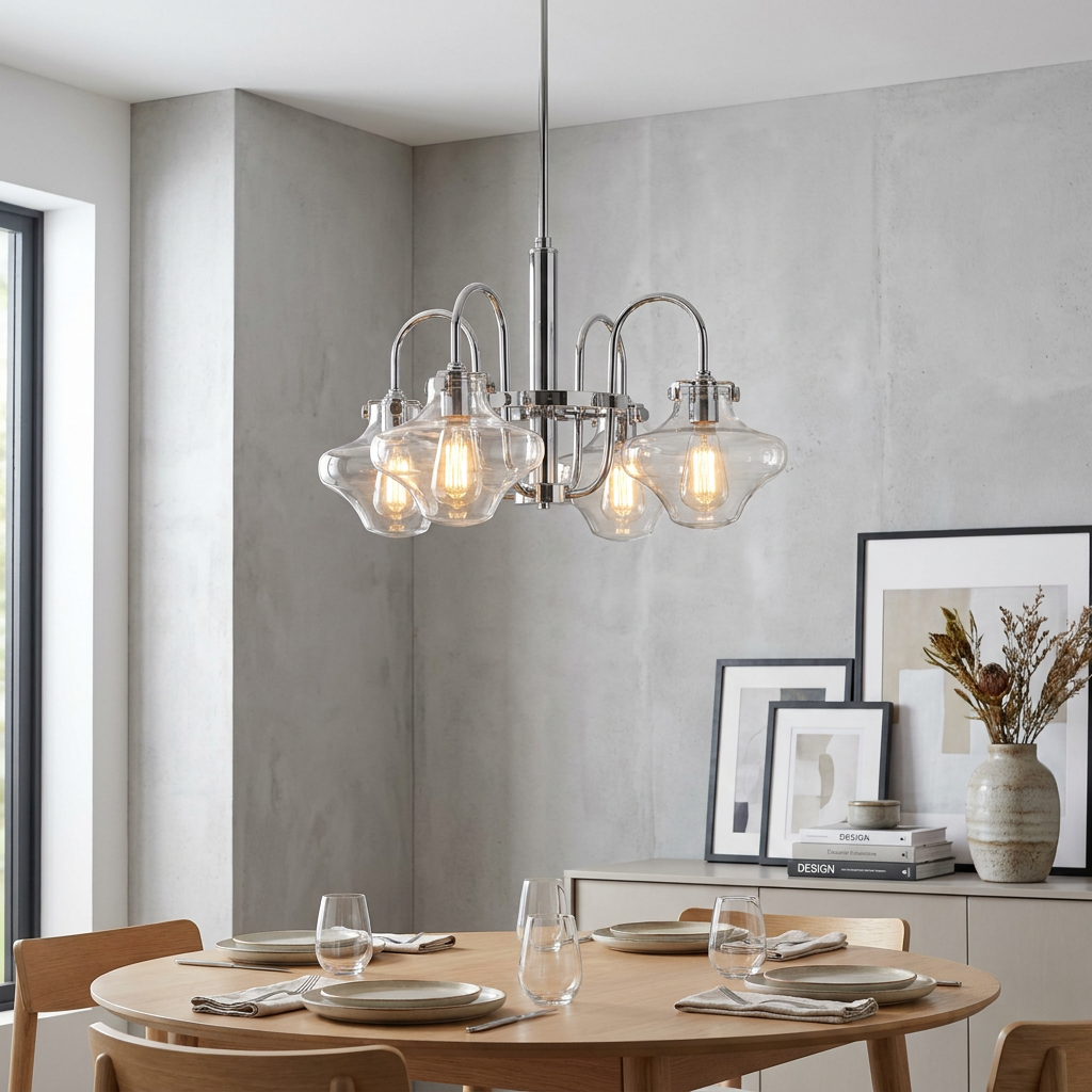 Chrome 4-light chandelier with clear glass shades and Edison bulbs hanging above a set dining table.