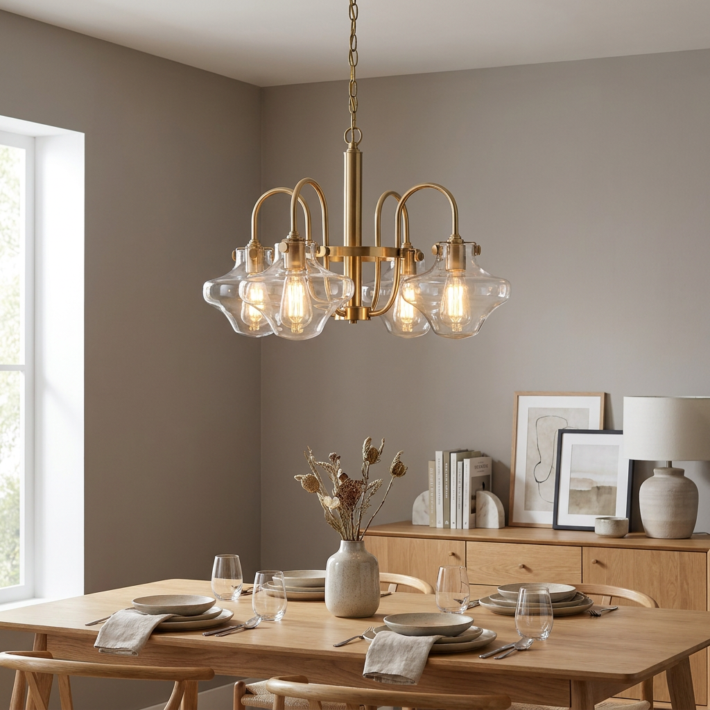 Brushed brass chandelier with clear glass shades illuminates a minimalist wooden dining room table.