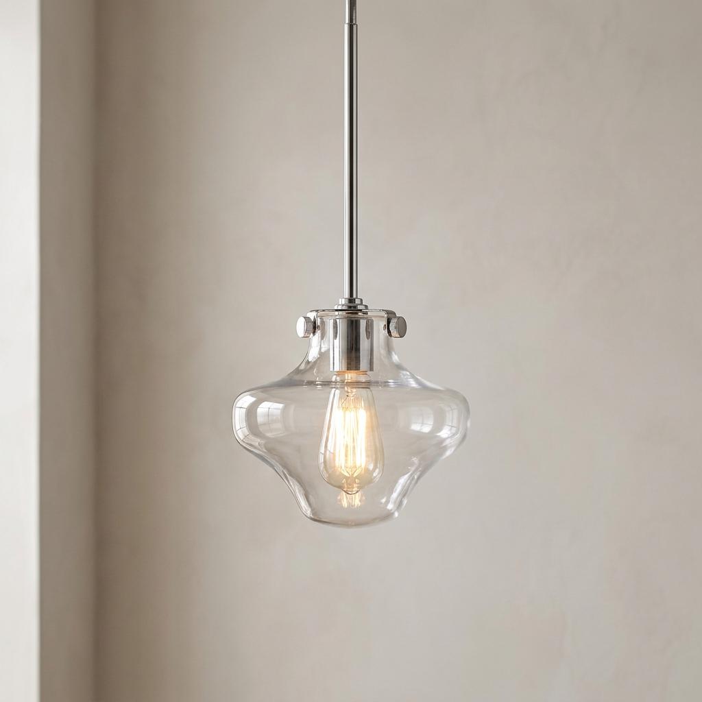 Chrome pendant light with a clear, shapely glass shade and glowing Edison bulb.