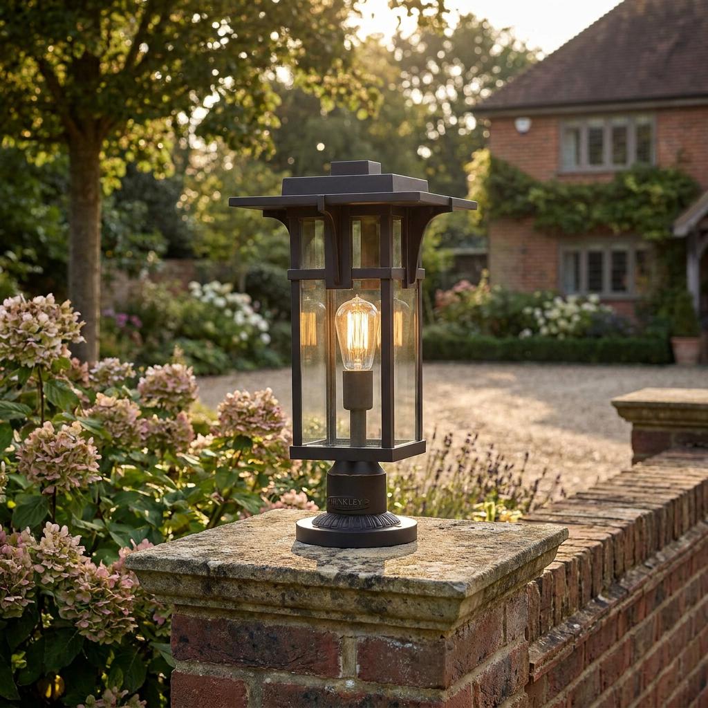Craftsman-style outdoor pedestal lantern with a glowing Edison bulb, mounted on a stone garden wall.
