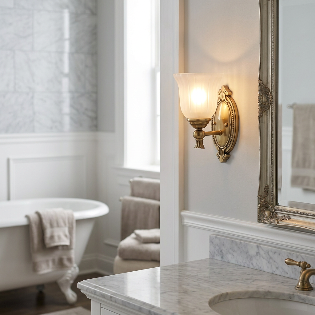 Hinkley Francoise brass wall light with a frosted shade in an elegant bathroom next to an ornate mirror.