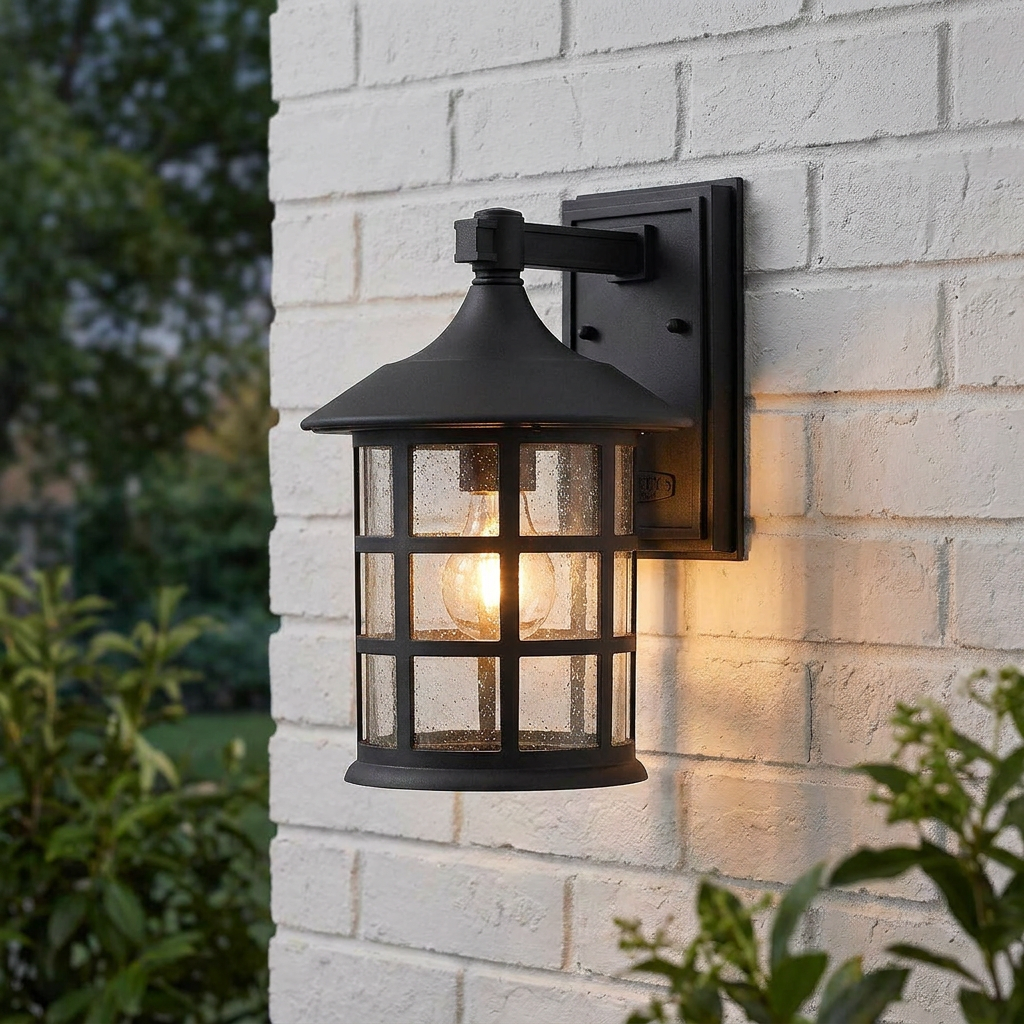 Black outdoor lantern wall light with seeded glass and a warm glow mounted on a white brick wall.