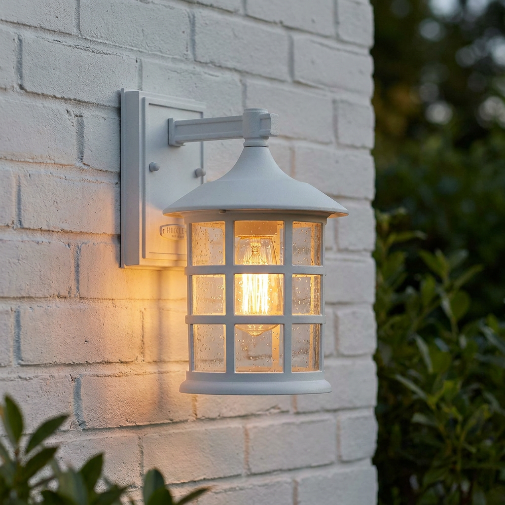 White outdoor wall lantern with a glowing Edison bulb mounted on a white brick wall.