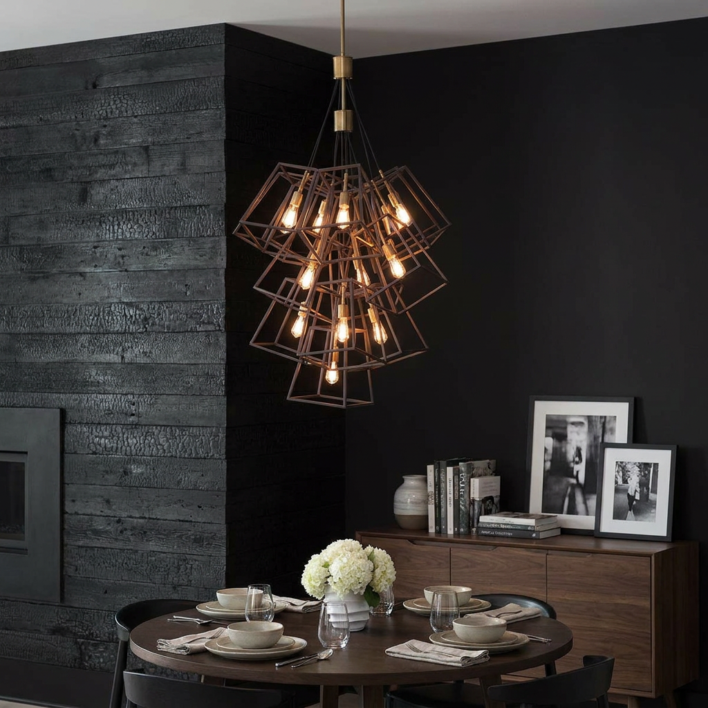 Large bronze geometric 13-light chandelier hanging over a dining table against a dark charred wood wall.