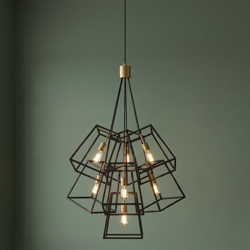 A 7-light bronze chandelier with geometric cages and exposed bulbs, hanging against a sage green wall.
