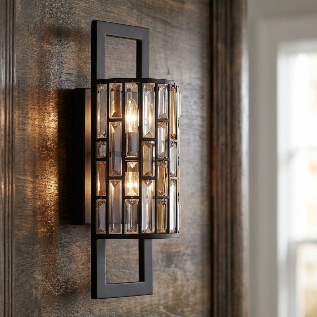 Hinkley Gemma 2 Light Bronze Wall Light with amber and clear crystals mounted on a dark wood wall.