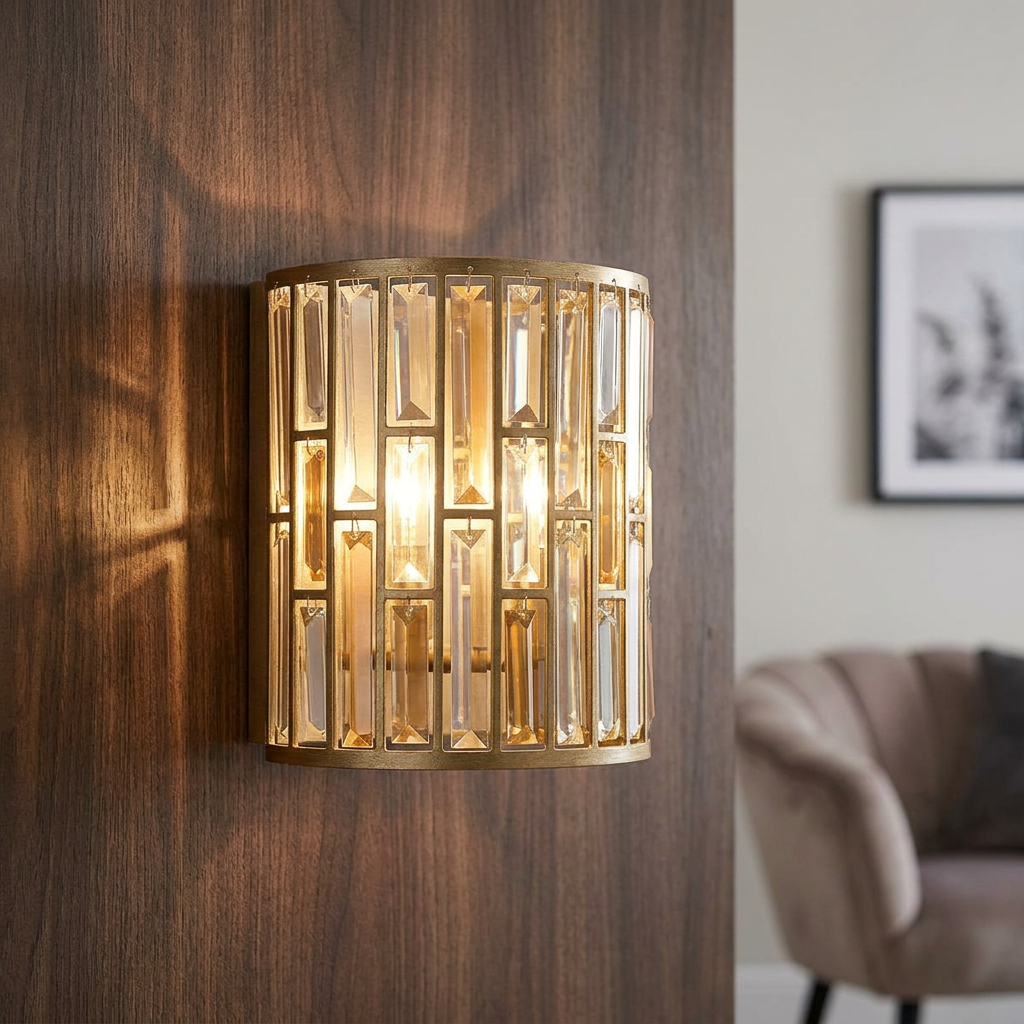 A lit Hinkley Gemma wall light with rectangular crystal prisms mounted on a dark wooden wall.