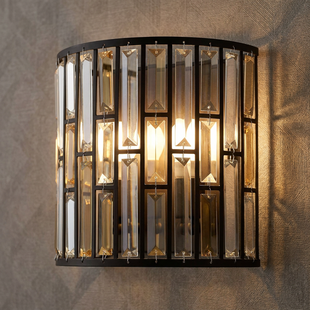 Hinkley Gemma wall light featuring glowing amber and clear crystals in a vintage bronze frame on a textured wall.