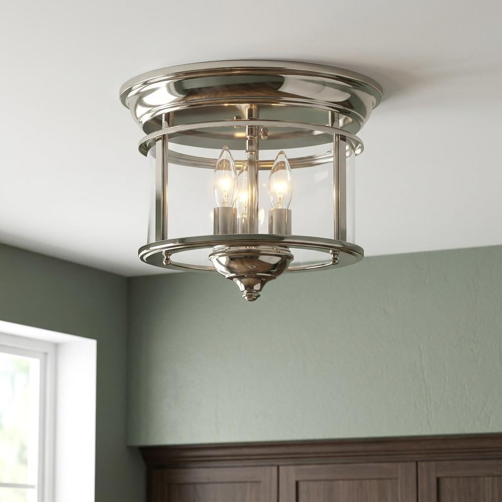 Hinkley Gentry polished nickel flush mount ceiling light with three candle bulbs and clear glass panels.