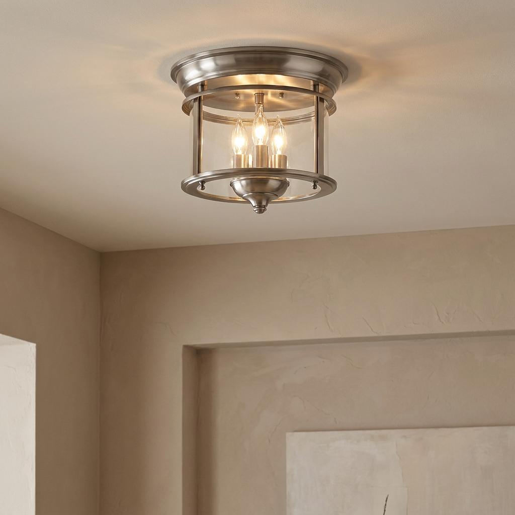 Hinkley Gentry pewter flush mount ceiling light with three candle-style bulbs inside a clear glass frame.