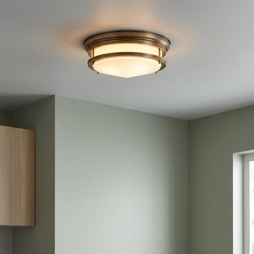 Brushed bronze flush ceiling light with opal glass dome mounted in a modern room with soft green walls.