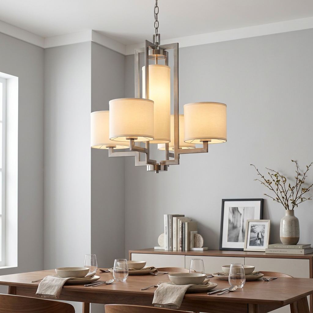 Hinkley Hampton antique nickel chandelier with fabric drum shades hanging over a wooden dining room table.