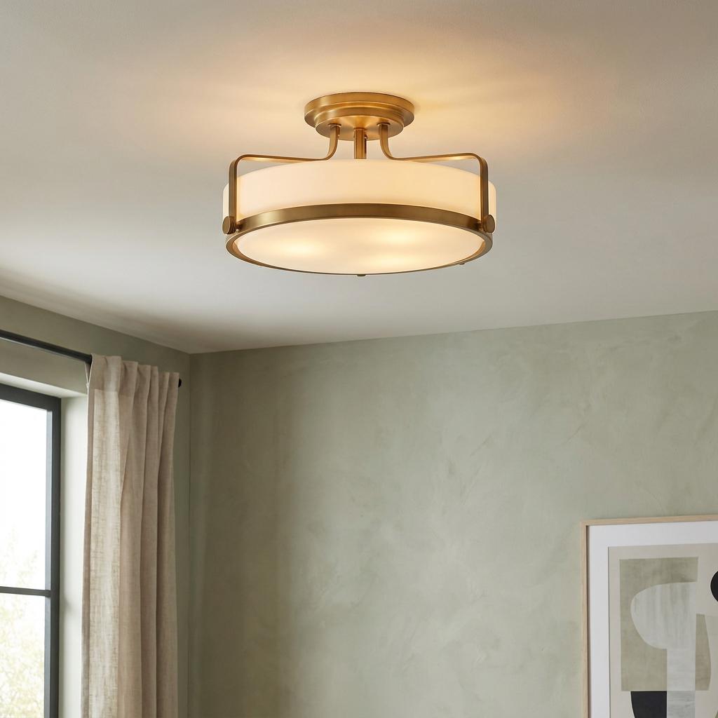 Hinkley Harper medium semi-flush ceiling light with heritage brass frame and opal glass shade in a modern room setting.