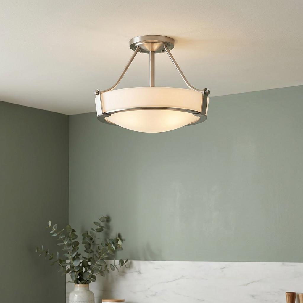 Hinkley Hathaway brushed nickel semi-flush mount ceiling light with an etched glass bowl in a green room.