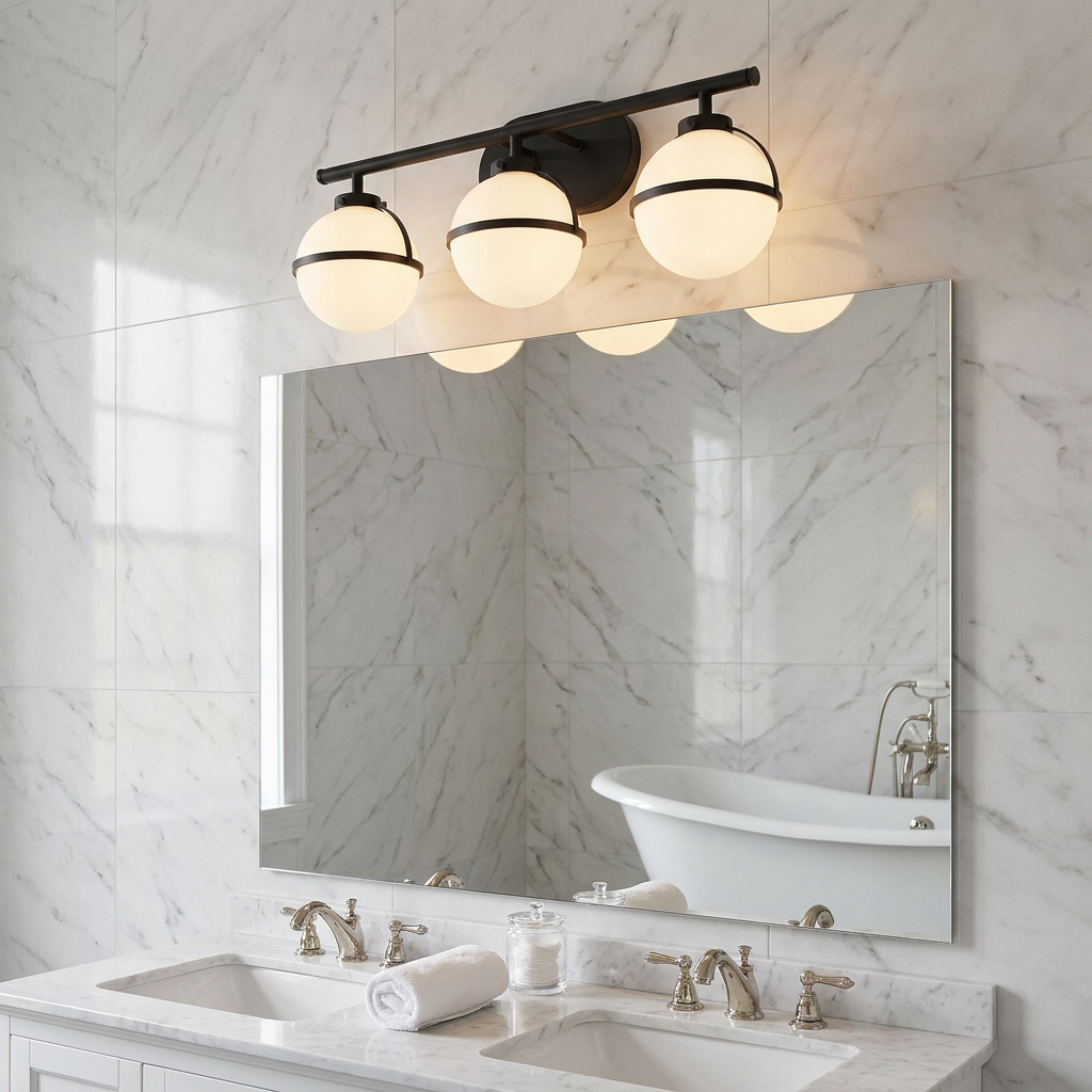 Three-light black vanity light with opal glass globes mounted above a mirror in a marble-tiled bathroom.