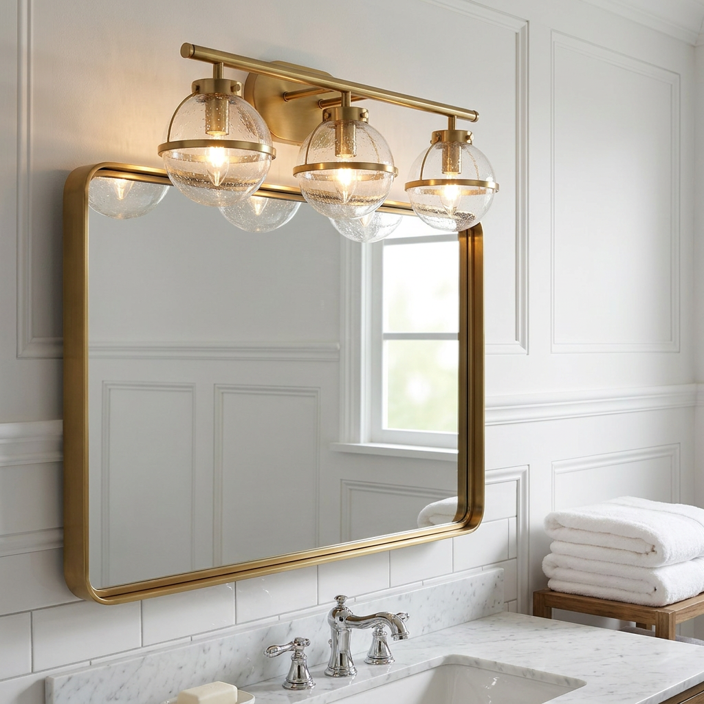 Three-light brass vanity fixture with seeded glass globes mounted above a brass-framed mirror in a bright bathroom.