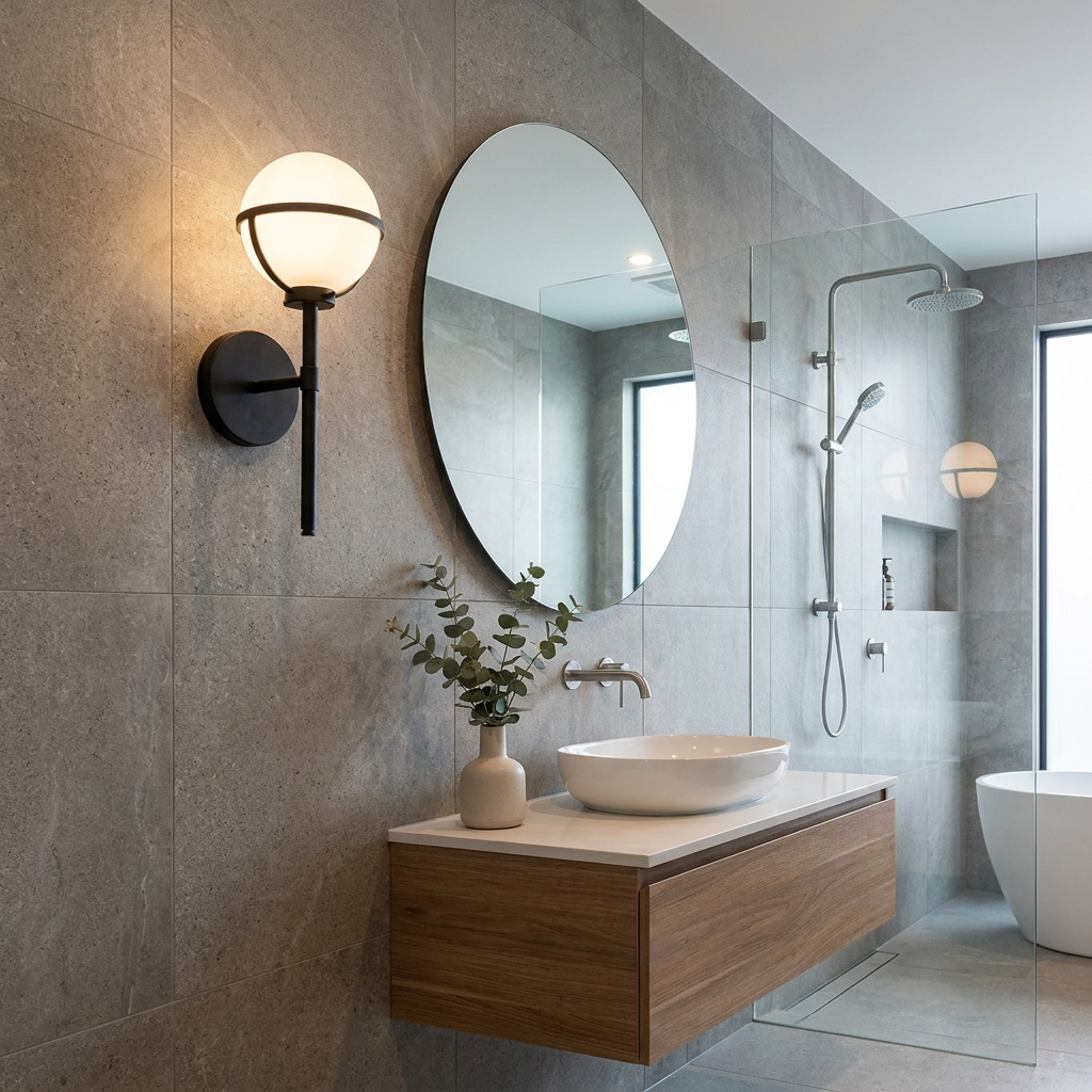 Hinkley Hollis black opal glass wall light next to a round mirror in a modern grey tiled bathroom.