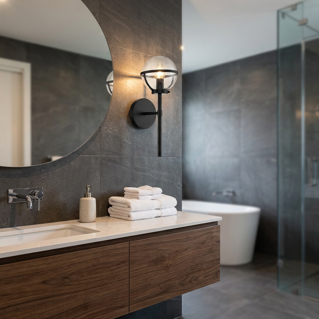 Black wall light with seeded glass globe shade mounted beside a bathroom mirror over a wooden vanity.