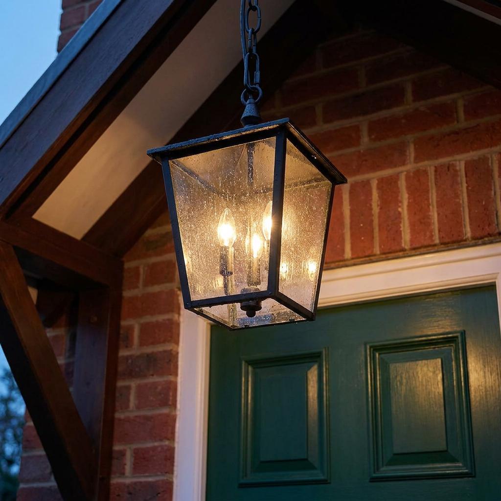 Hinkley Huntersfield outdoor chain lantern with seeded glass hanging above a green door and brick wall.