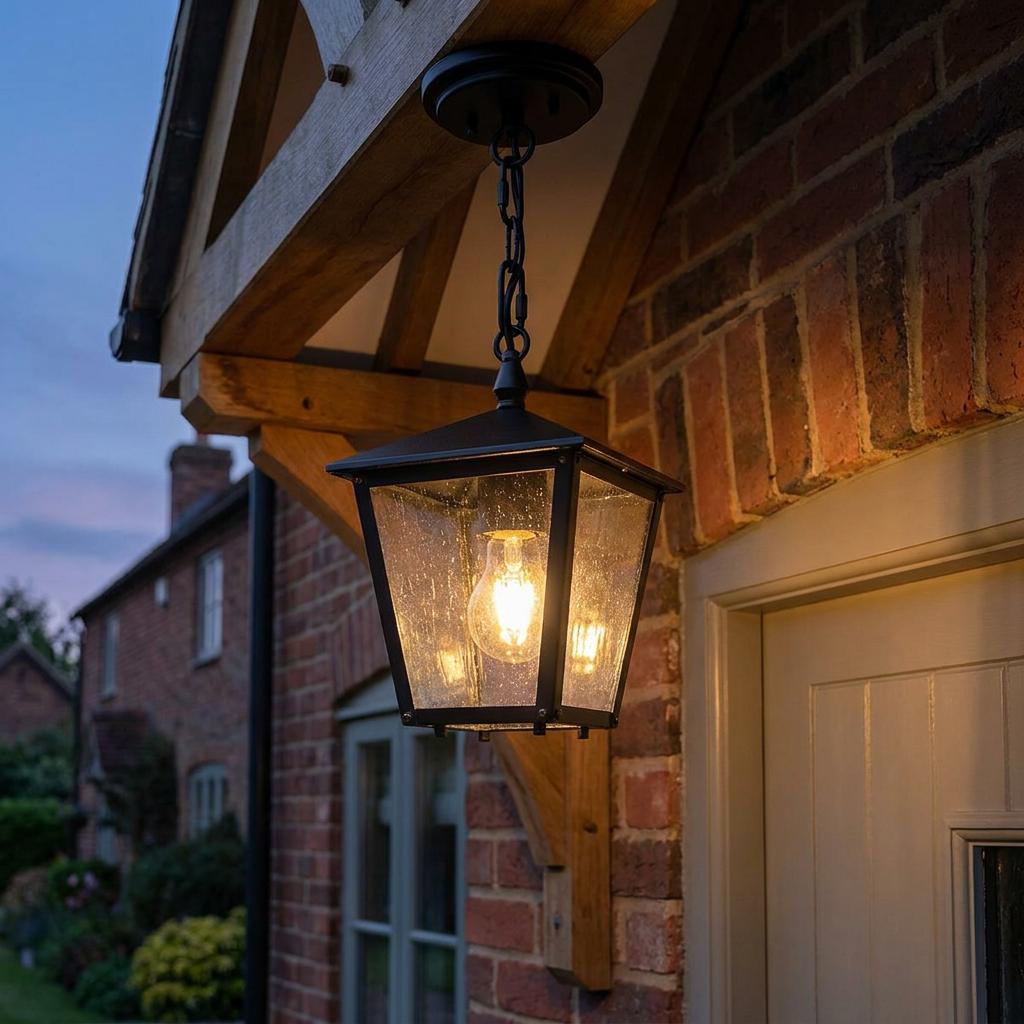 Illuminated black outdoor chain lantern with seeded glass panels hanging from a wooden beam against a brick wall.