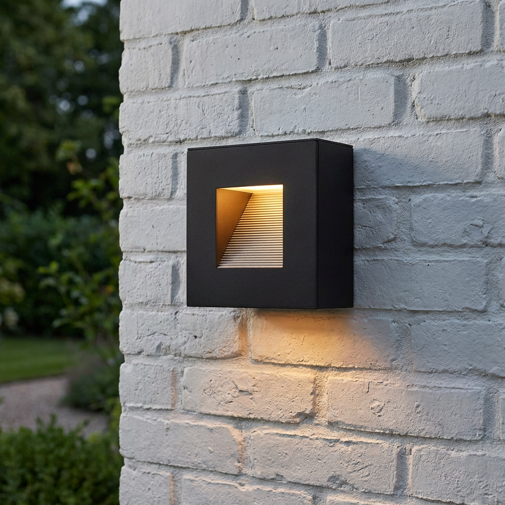 Modern square satin black outdoor wall light casting a warm glow on a white brick wall.