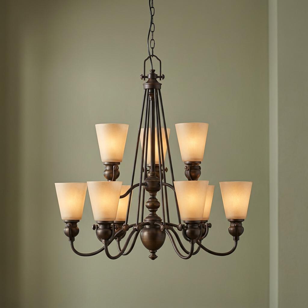 Bronze nine-light chandelier with frosted amber glass shades hanging against a green wall.