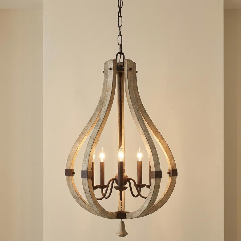 Rustic five-light chandelier with a distressed wood pear-shaped frame and iron candle-style lights.