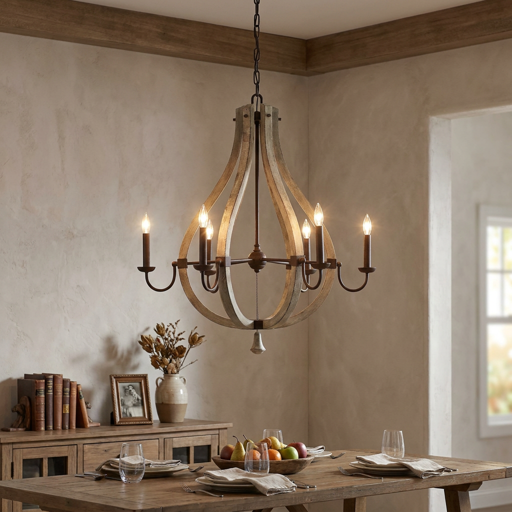 Rustic 6-light chandelier with distressed wood and metal accents hanging above a set wooden dining table.