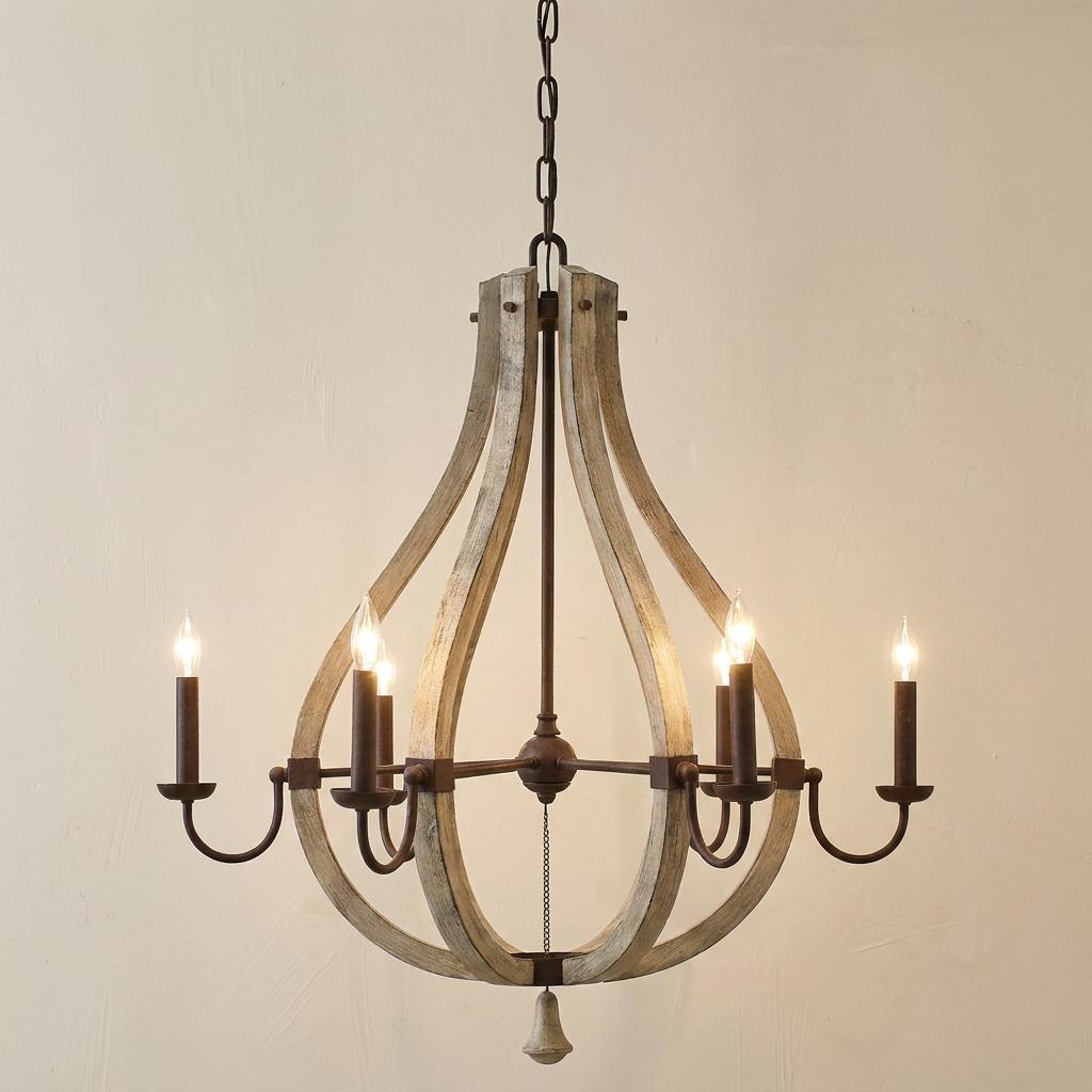 Rustic 6-light chandelier featuring a distressed wood pear-shaped cage and iron candle arms against a textured wall.