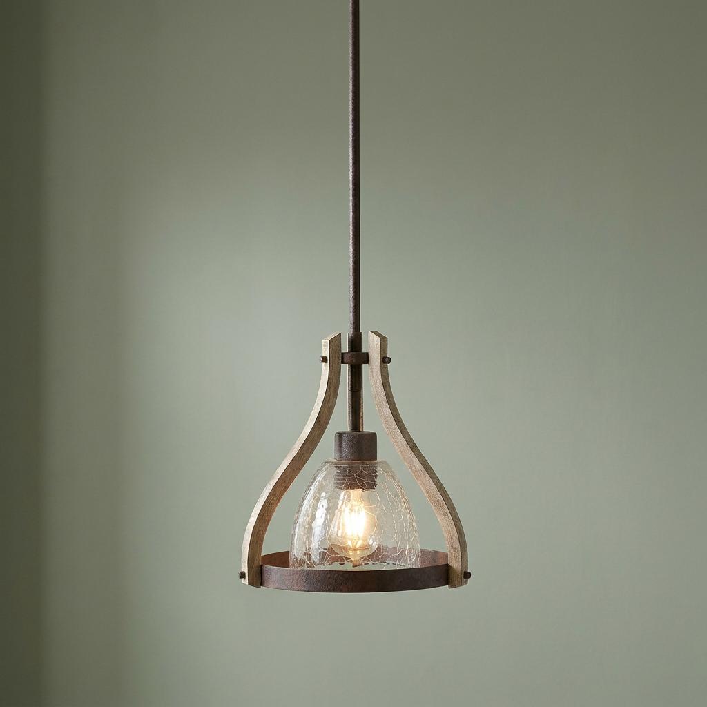A rustic mini pendant light featuring curved wood accents and a crackled glass dome against a pale green wall.