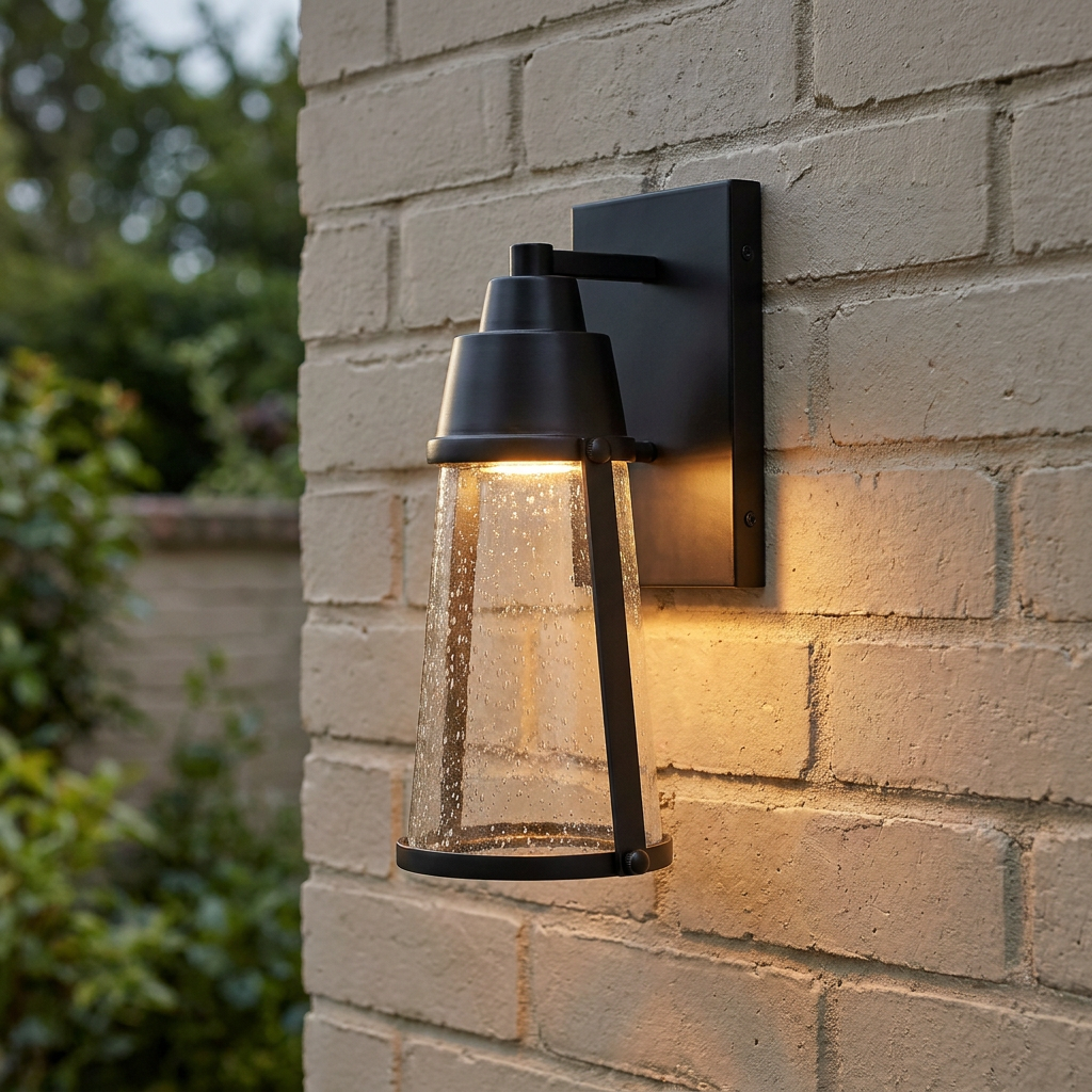 A black Hinkley Miles 1 Light Outdoor Wall Light with seeded glass mounted on a light brick wall.
