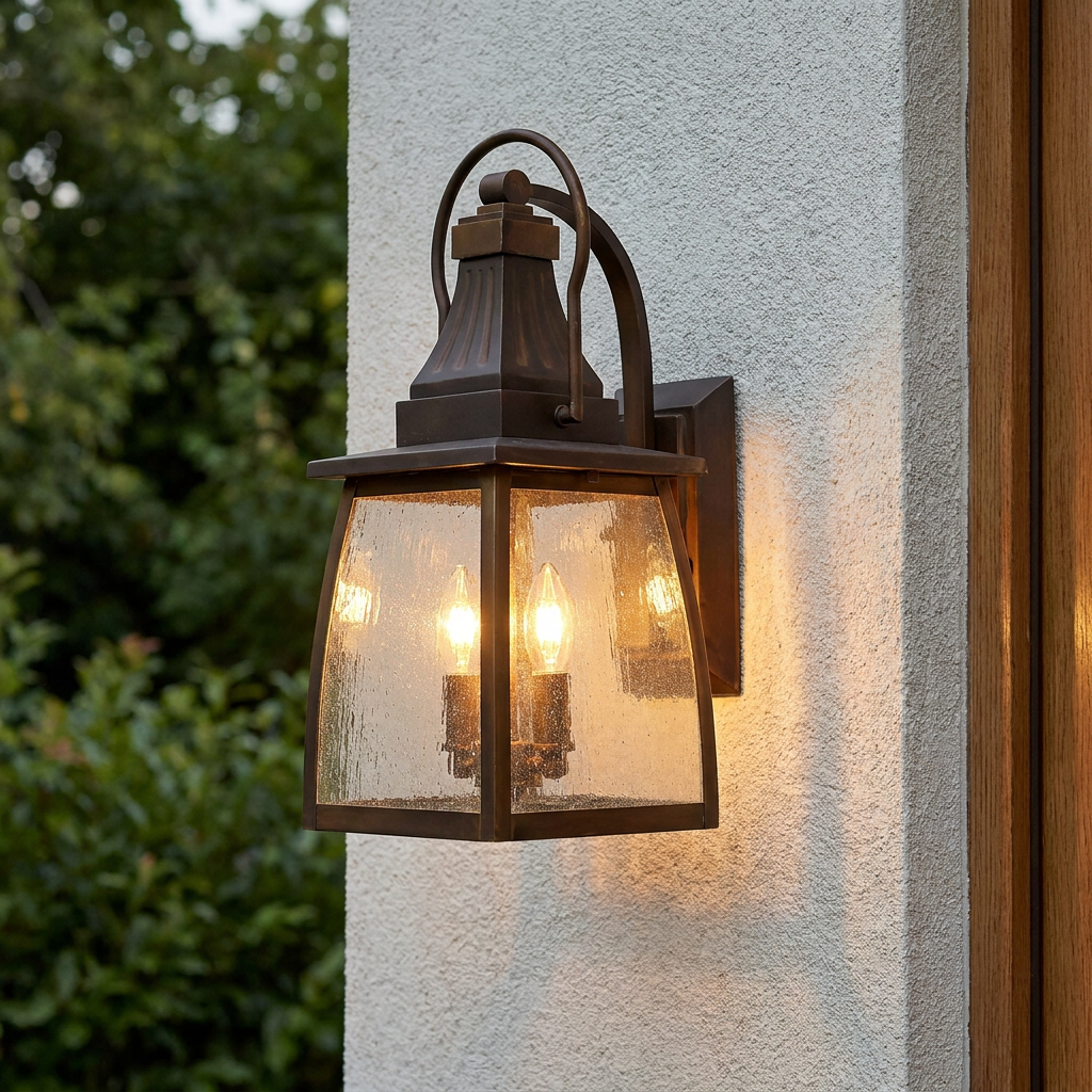 Hinkley Montauk Sienna outdoor wall lantern with seeded glass and warm glowing bulbs on a white stucco wall.