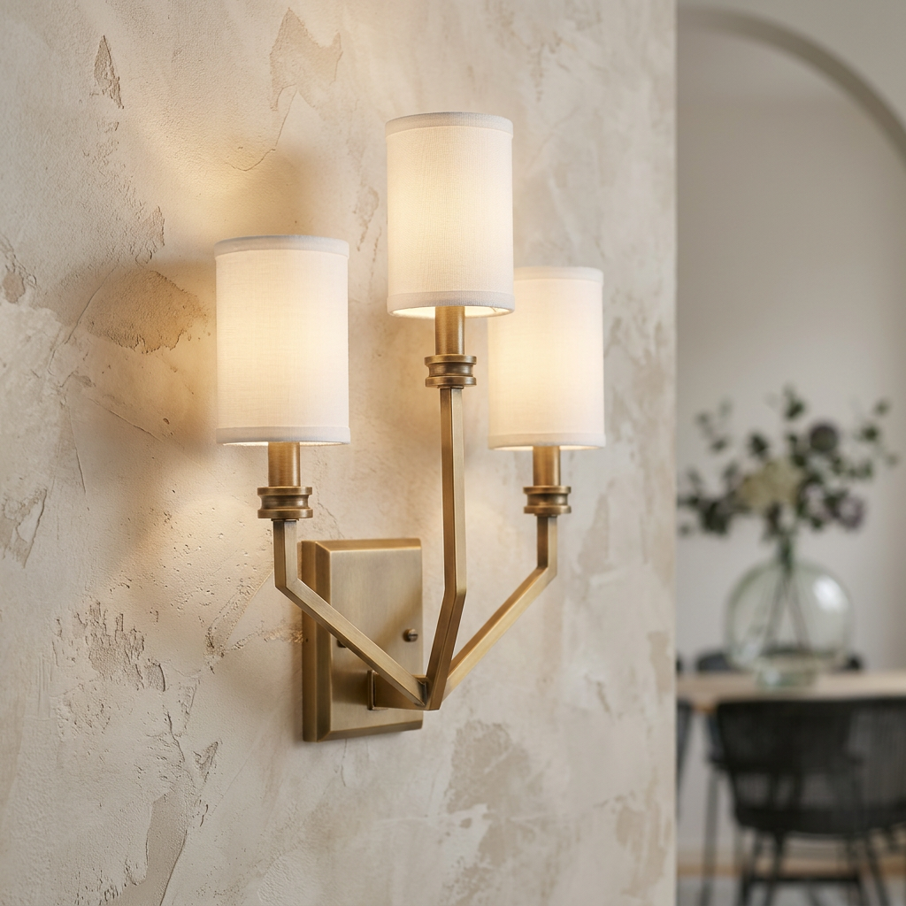 Three-arm brass wall sconce with white cylindrical shades mounted on a textured beige wall.