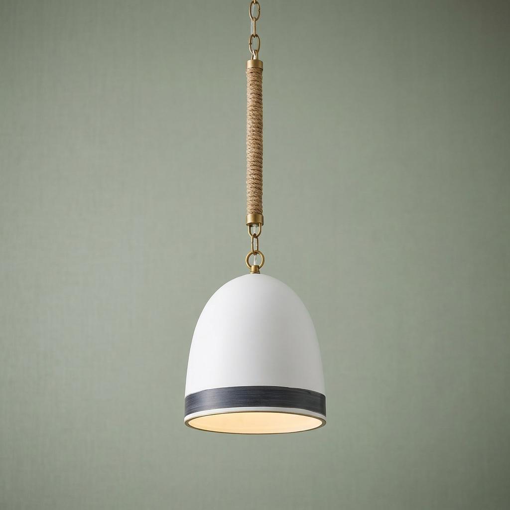 White dome pendant light with rope detailing and a dark grey stripe, hanging against a soft green wall.
