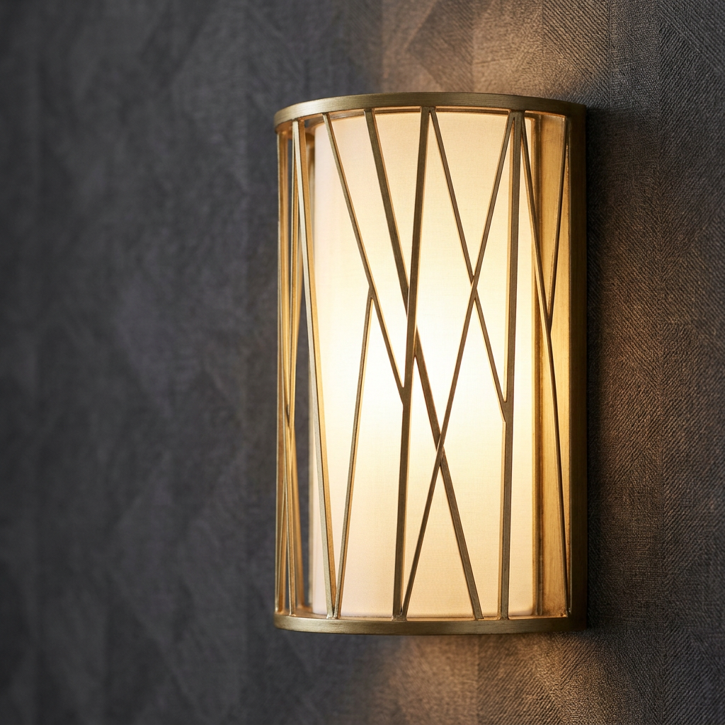 Modern gold geometric wall sconce with a white fabric shade mounted on dark textured wallpaper.