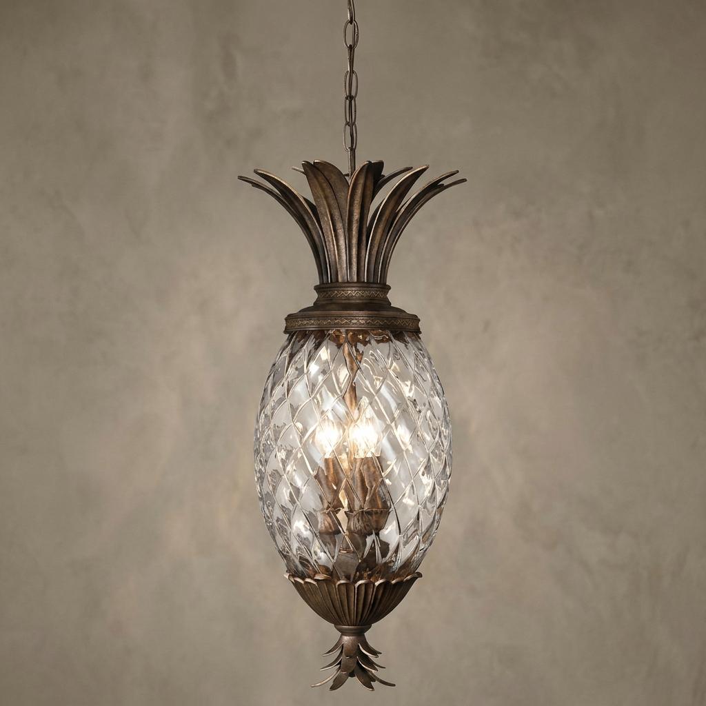 Hinkley Plantation pineapple-shaped bronze ceiling lantern with clear optic glass and decorative leaves.