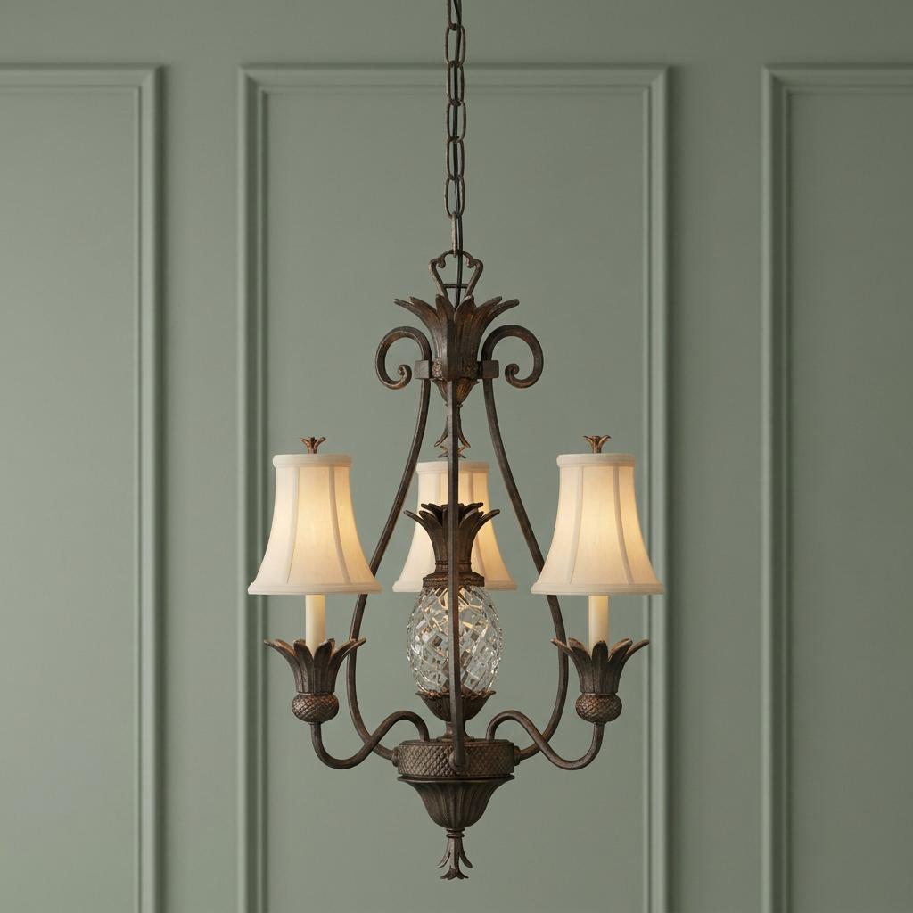 Three-light bronze chandelier with cream shades and a glass pineapple centerpiece on a green paneled background.