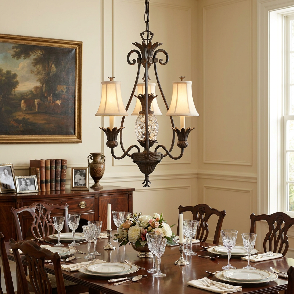 Hinkley Plantation 3-light chandelier in pearl bronze with a pineapple motif over a formal dining table.