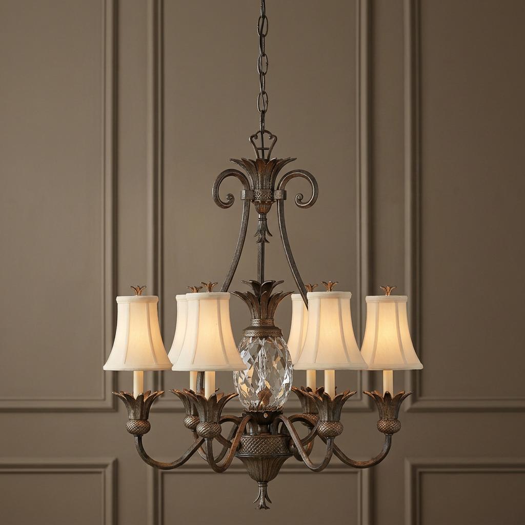 Pearl bronze six-light chandelier with cream bell shades and crystal pineapple accent against a paneled wall.
