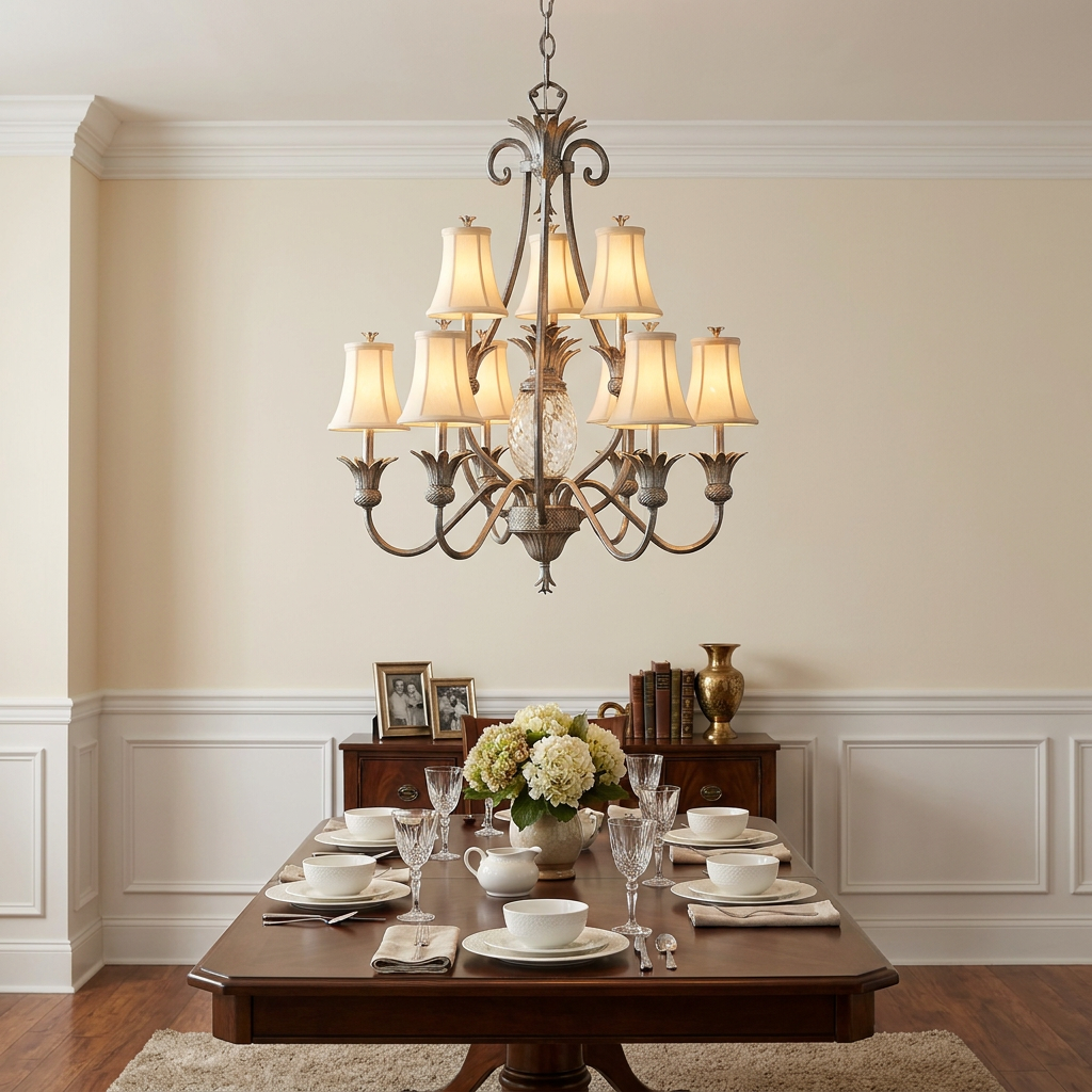Hinkley Plantation 9-light chandelier with pineapple motif and cream shades hanging over a formal dining room table.