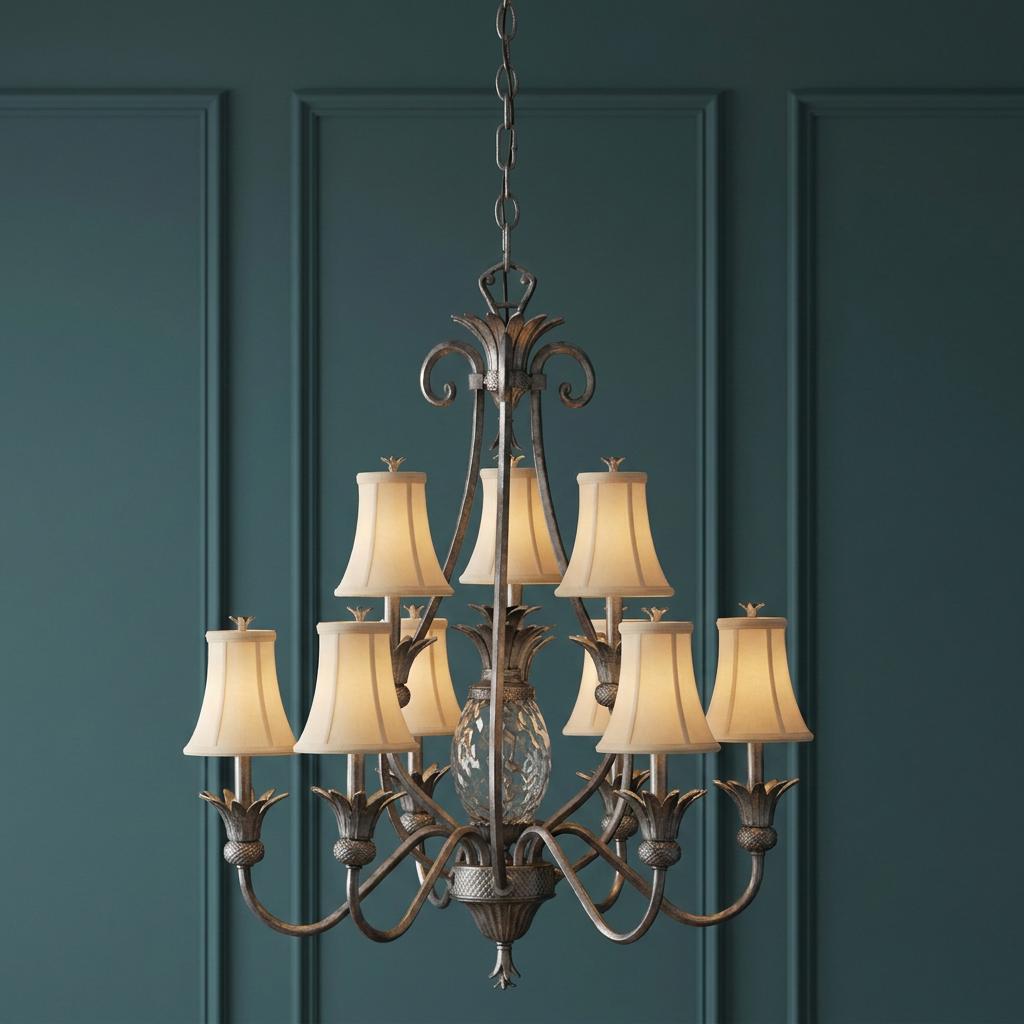 Nine-light Hinkley Plantation chandelier in antique nickel with a pineapple center and cream shades against a teal wall.