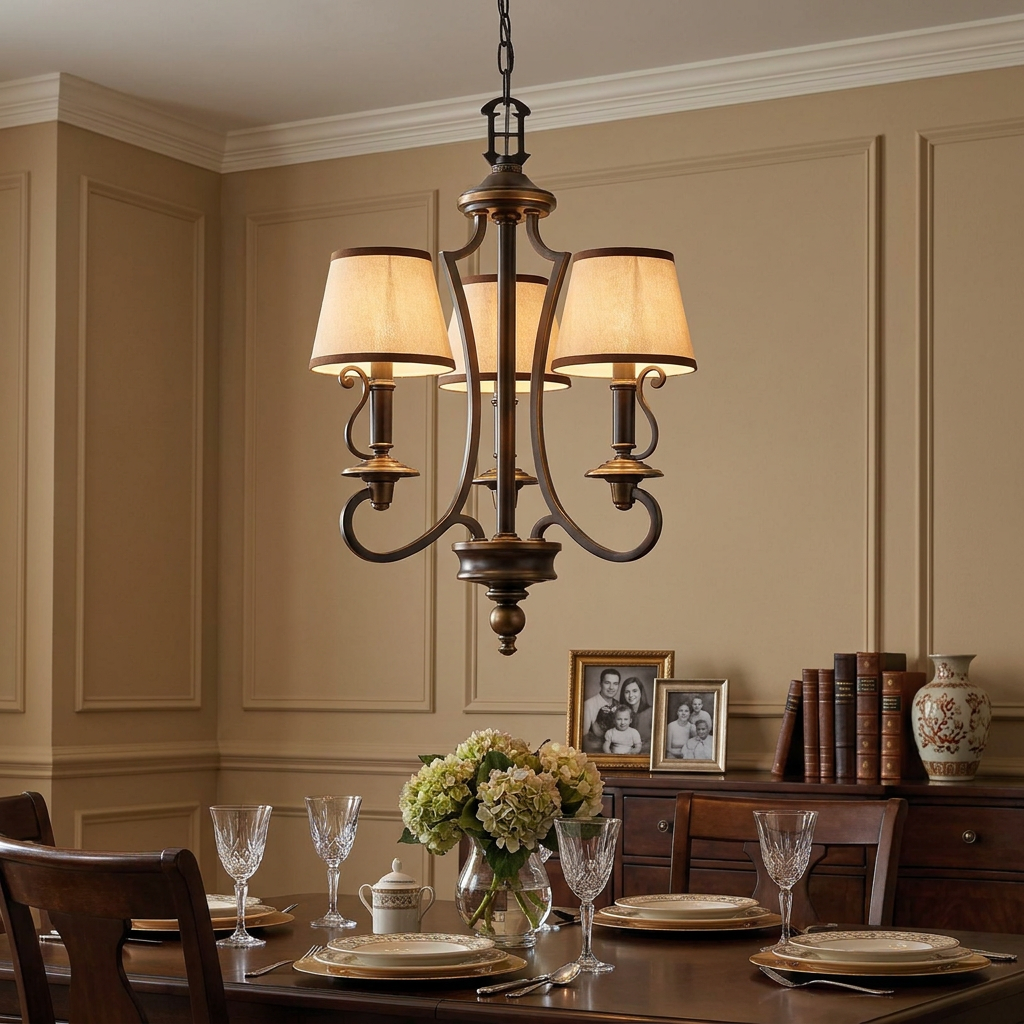 Hinkley Plymouth 3 Light Old Bronze Chandelier with fabric shades hanging over a formal dining table.