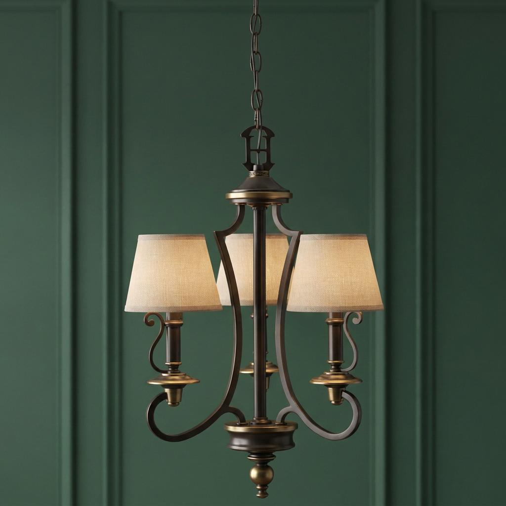 Hinkley Plymouth 3-light old bronze chandelier with fabric shades against a dark green paneled wall.
