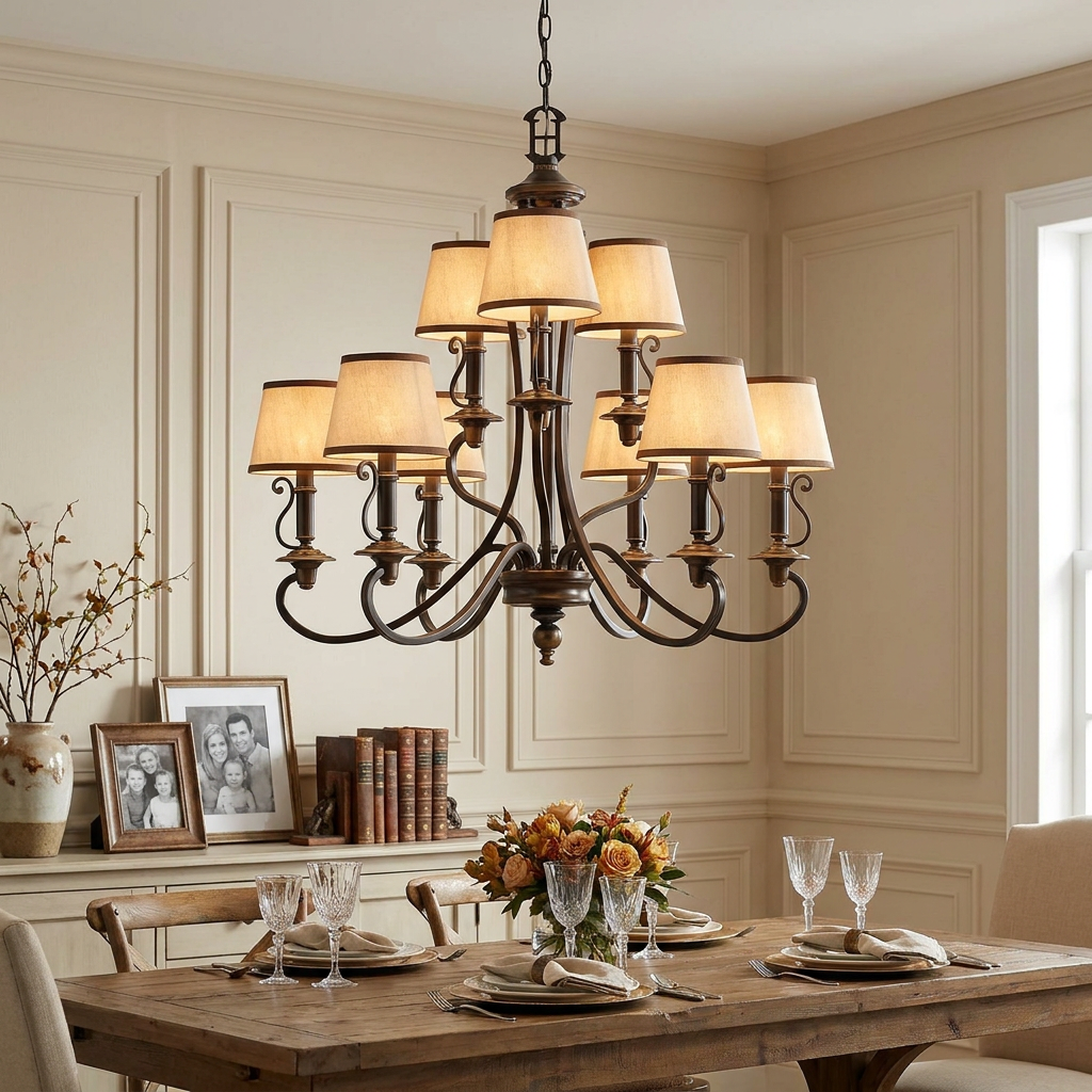 Hinkley Plymouth 9-light old bronze chandelier with fabric shades hanging over a rustic wooden dining table.