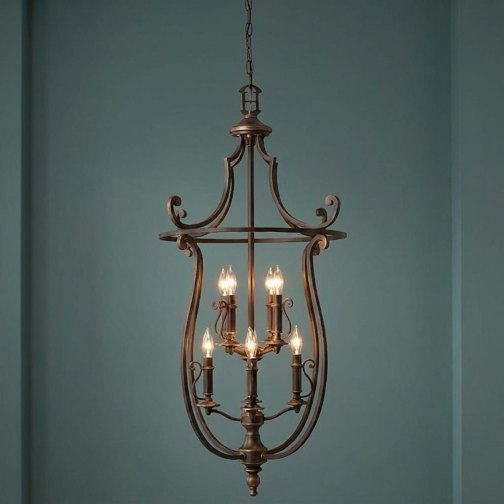 Eight-light bronze pendant ceiling lantern with elegant scrolled accents and candle bulbs against a dark teal wall.